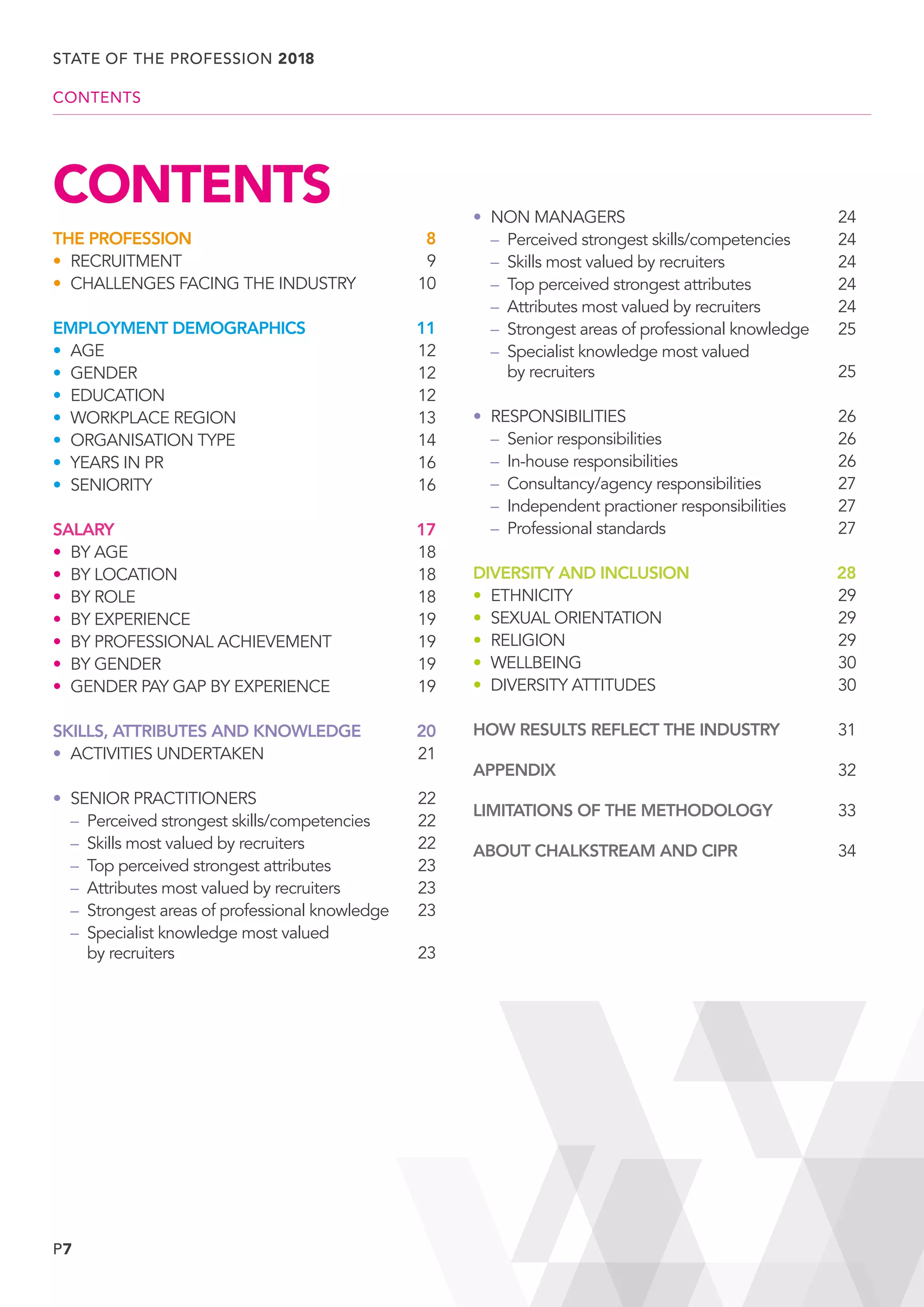 P7
CONTENTS
THE PROFESSION	 8
•	 RECRUITMENT	 9
•	 CHALLENGES FACING THE INDUSTRY	 10
EMPLOYMENT DEMOGRAPHICS	 11
•	AGE	 12
•	GENDER	 12
•	EDUCATION	 12
•	 WORKPLACE REGION	 13
•	 ORGANISATION TYPE	 14
•	 YEARS IN PR	 16
•	 SENIORITY	 16
SALARY	17
•	 BY AGE	 18
•	 BY LOCATION	 18
•	 BY ROLE	 18
•	 BY EXPERIENCE	 19
•	 BY PROFESSIONAL ACHIEVEMENT	 19
•	 BY GENDER	 19
•	 GENDER PAY GAP BY EXPERIENCE	 19
SKILLS, ATTRIBUTES AND KNOWLEDGE	 20
•	 ACTIVITIES UNDERTAKEN	 21
•	 SENIOR PRACTITIONERS	 22
	 –	 Perceived strongest skills/competencies	 22
	 –	 Skills most valued by recruiters	 22
	 –	 Top perceived strongest attributes	 23
	 –	 Attributes most valued by recruiters	 23
	 –	 Strongest areas of professional knowledge	 23
	 –	Specialist knowledge most valued
by recruiters	 23
•	 NON MANAGERS	 24
	 –	 Perceived strongest skills/competencies	 24
	 –	 Skills most valued by recruiters	 24
	 –	 Top perceived strongest attributes	 24
	 –	 Attributes most valued by recruiters	 24
	 –	 Strongest areas of professional knowledge	 25
	 –	Specialist knowledge most valued
by recruiters	 25
•	 RESPONSIBILITIES	 26
	 –	 Senior responsibilities	 26
	 –	 In-house responsibilities	 26
	 –	 Consultancy/agency responsibilities	 27
	 –	 Independent practioner responsibilities	 27
	 –	 Professional standards	 27
DIVERSITY AND INCLUSION	 28
•	 ETHNICITY	 29
•	 SEXUAL ORIENTATION	 29
•	RELIGION	 29
•	WELLBEING	 30
•	 DIVERSITY ATTITUDES	 30
HOW RESULTS REFLECT THE INDUSTRY	31
APPENDIX	32
LIMITATIONS OF THE METHODOLOGY	33
ABOUT CHALKSTREAM AND CIPR	 34
STATE OF THE PROFESSION 2018
CONTENTS
 