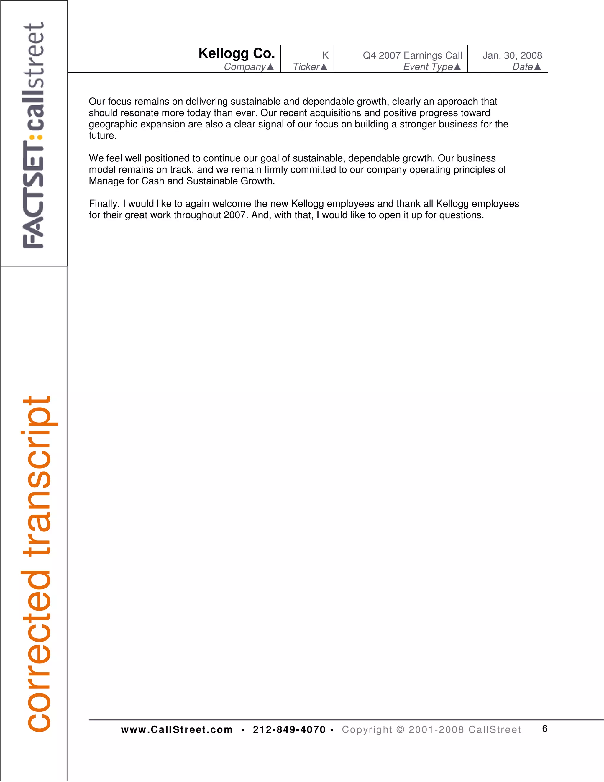 Q4 2007 Earnings kellogg