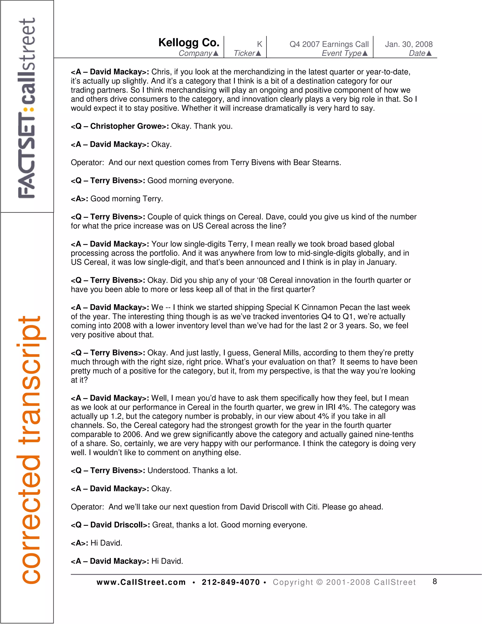 Q4 2007 Earnings kellogg