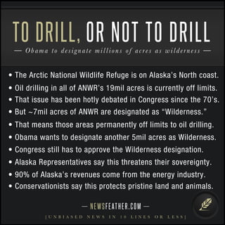 • The Arctic National Wildlife Refuge is on Alaska’s North coast.
• Oil drilling in all of ANWR’s 19mil acres is currently off limits.
• That issue has been hotly debated in Congress since the 70’s.
• But ~7mil acres of ANWR are designated as “Wilderness.”
• That means those areas permanently off limits to oil drilling.
• Obama wants to designate another 5mil acres as Wilderness.
• Congress still has to approve the Wilderness designation.
NEWSFEATHER.COM
[ U N B I A S E D N E W S I N 1 0 L I N E S O R L E S S ]
Obama to designate millions of acres as wilderness
TO DRILL, OR NOT TO DRILL
• Alaska Representatives say this threatens their sovereignty.
• 90% of Alaska’s revenues come from the energy industry.
• Conservationists say this protects pristine land and animals.
 