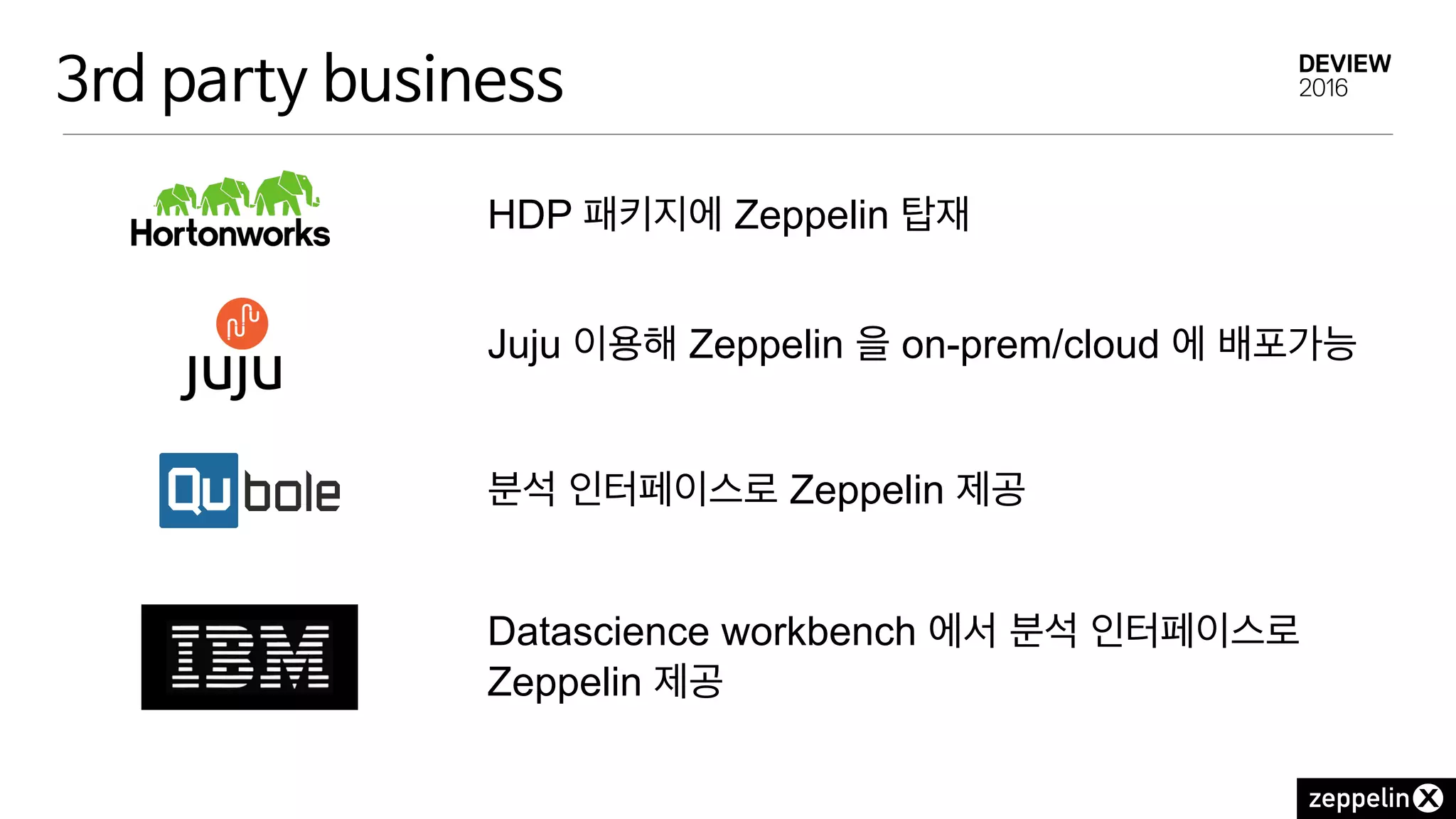 3rd party business
HDP 패키지에 Zeppelin 탑재
Juju 이용해 Zeppelin 을 on-prem/cloud 에 배포가능
분석 인터페이스로 Zeppelin 제공
Datascience workbench 에서 분석 인터페이스로
Zeppelin 제공
 