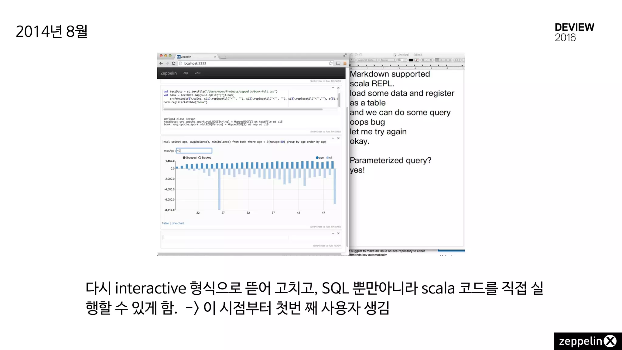 다시 interactive 형식으로 뜯어 고치고, SQL 뿐만아니라 scala 코드를 직접 실
행할 수 있게 함. -> 이 시점부터 첫번 째 사용자 생김
2014년 8월
 