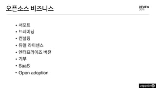 오픈소스 비즈니스
• 서포트
• 트레이닝
• 컨설팅
• 듀얼 라이센스
• 엔터프라이즈 버전
• 기부
• SaaS
• Open adoption
 