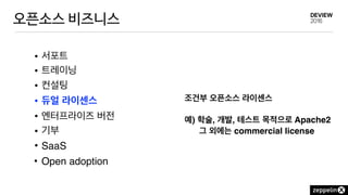 오픈소스 비즈니스
• 서포트
• 트레이닝
• 컨설팅
• 듀얼 라이센스
• 엔터프라이즈 버전
• 기부
• SaaS
• Open adoption
조건부 오픈소스 라이센스
예) 학술, 개발, 테스트 목적으로 Apache2
그 외에는 commercial license
 