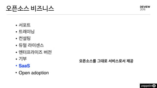 오픈소스 비즈니스
• 서포트
• 트레이닝
• 컨설팅
• 듀얼 라이센스
• 엔터프라이즈 버전
• 기부
• SaaS
• Open adoption
오픈소스를 그대로 서비스로서 제공
 