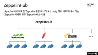 ZeppelinHub
Apache 에서 배포한 Zeppelin 뿐만 아니라 3rd party 에서 배포/서비스 하는
Zeppelin 에서도 모두 ZeppelinHub 사용
ZeppelinHub
. . .
 
