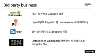 3rd party business
HDP 패키지에 Zeppelin 탑재
Juju 이용해 Zeppelin 을 on-prem/cloud 에 배포가능
분석 인터페이스로 Zeppelin 제공
Datascience workbench 에서 분석 인터페이스로
Zeppelin 제공
 
