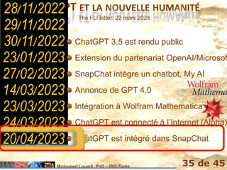 Mohamed Louadi, PhD – ISG-Tunis 35 de 45
CHATGPT ET LA NOUVELLE HUMANITÉ
28/11/2022
29/11/2022
30/11/2022
23/01/2023
27/02/2023
14/03/2023
23/03/2023
24/03/2023
20/04/2023
ChatGPT 3.5 est rendu public
Extension du partenariat OpenAI/Microsof
SnapChat intègre un chatbot, My AI
Annonce de GPT 4.0
Intégration à Wolfram Mathematica
ChatGPT est connecté à l’Internet (Alpha)
ChatGPT est intégré dans SnapChat
The FLI letter: 22 mars 2023
 