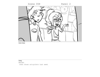 Scene 058 Panel 2
Action Notes
Dialog
HAILEY
even those unicyclers last week
 