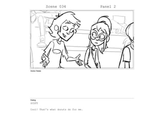 Scene 034 Panel 2
Action Notes
Dialog
SCOTT
Cool! That’s what donuts do for me.
 