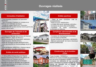 - Trois immeubles d’habitation de l’association
"MOSGAZ";
- Deux immeubles d’habitation du ministère de la
Défense de la Fédération de Russie;
- Localité de cottage "KNIJITCHI". Corporation
"PODMOSKOVIE" (2-ième tranche): toute la gamme des
travaux «clé en main».
Construction de la frontière
d’Etat
Immeubles d’habitation Entités sportives
Ouvrages de l’industrie et de
production
- Palais de sport «ZVEZDA» (ville de
ZVENIGOROD);
- Palais de sport «RADOUGA»;
- Le palais des sports nautiques «ROUZA»;
- Complexe de santé (ville de DOUBNA).
- Complexe de santé «LEVKOVO»
du Ministère de défense;
- Complexe de l’élevage des animaux de fourrure
(village KRESTY, région de Moscou);
- Base de production de l’association «MOGAZ»;
- Dépôt douanier «SCHELKOVO»;
- Dépôt de stockage (localité NEKRASOVKA);
- Usine de production et d'embouteillage de jus de
fruits;
- Usine de Moscou «KRISTALL» (travaux depuis
1998: rénovation, nouvelle construction).
- Poste frontalier «TERSKOL»;
- Bâtiment du bureau frontalier du commandant
avec les locaux d’habitation «GORNY KLUTCH»;
- Complexe de bâtiments et des ouvrages du
secteur Interdistrict du service frontalier du Service
Fédéral de Sécurité de la Russie, MRO
«ROUBTSOVSK».
Entités de santé publique
Complexes administratifs et de
divertissement
- 11-ième edifice thérapeutique de l’Hôpital
Clinique Central de la Direction des affaires de
l’administration du Président de la FR;
- Clinique de la tuberculose de la Direction
Générale de Santé du Ministère de la Défense;
- Hôpital psychiatrique de la région de Moscou
nommé YAKOVENKO
- Complexe de divertissement et de loisirs
à la chaussée de RIAZAN;
- Bureau central de l’association «MOSGAZ»
- Bâtiment administratif de l’usine mécanique
KARATCHAROVSKI.
Ouvrages réalisés
 