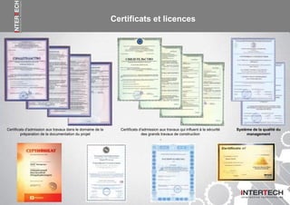 Certificats et licences
Certificats d'admission aux travaux dans le domaine de la
préparation de la documentation du projet
Certificats d'admission aux travaux qui influent à la sécurité
des grands travaux de construction
Système de la qualité du
management
 