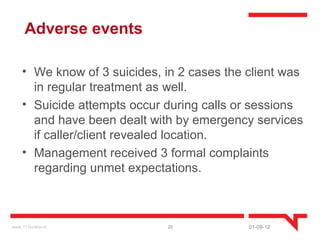 Adverse events

    • We know of 3 suicides, in 2 cases the client was
      in regular treatment as well.
    • Suicide attempts occur during calls or sessions
      and have been dealt with by emergency services
      if caller/client revealed location.
    • Management received 3 formal complaints
      regarding unmet expectations.



www.113online.nl             20             01-09-12
 