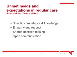 Unmet needs and
        expectations in regular care
        (Pirkis et al 2001, Taylor et al 2009)




                    – Specific competence & knowledge
                    – Empathy and respect
                    – Shared decision making
                    – Open communication




Presentatie titel                                5      01-09-12
 