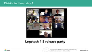 www.elastic.coCopyright Elastic 2015 Copying, publishing and/or distributing
without written permission is strictly prohibited
7
Distributed from day 1
Logstash 1.5 release party
 