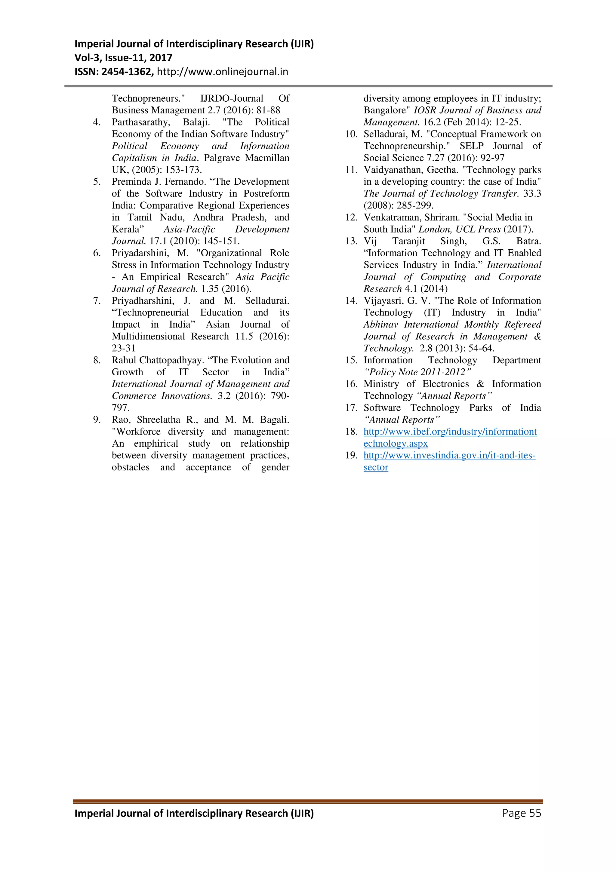 Imperial Journal of Interdisciplinary Research (IJIR)
Vol-3, Issue-11, 2017
ISSN: 2454-1362, http://www.onlinejournal.in
Imperial Journal of Interdisciplinary Research (IJIR) Page 55
Technopreneurs." IJRDO-Journal Of
Business Management 2.7 (2016): 81-88
4. Parthasarathy, Balaji. "The Political
Economy of the Indian Software Industry"
Political Economy and Information
Capitalism in India. Palgrave Macmillan
UK, (2005): 153-173.
5. Preminda J. Fernando. “The Development
of the Software Industry in Postreform
India: Comparative Regional Experiences
in Tamil Nadu, Andhra Pradesh, and
Kerala” Asia-Pacific Development
Journal. 17.1 (2010): 145-151.
6. Priyadarshini, M. "Organizational Role
Stress in Information Technology Industry
- An Empirical Research" Asia Pacific
Journal of Research. 1.35 (2016).
7. Priyadharshini, J. and M. Selladurai.
“Technopreneurial Education and its
Impact in India” Asian Journal of
Multidimensional Research 11.5 (2016):
23-31
8. Rahul Chattopadhyay. “The Evolution and
Growth of IT Sector in India”
International Journal of Management and
Commerce Innovations. 3.2 (2016): 790-
797.
9. Rao, Shreelatha R., and M. M. Bagali.
"Workforce diversity and management:
An emphirical study on relationship
between diversity management practices,
obstacles and acceptance of gender
diversity among employees in IT industry;
Bangalore" IOSR Journal of Business and
Management. 16.2 (Feb 2014): 12-25.
10. Selladurai, M. "Conceptual Framework on
Technopreneurship." SELP Journal of
Social Science 7.27 (2016): 92-97
11. Vaidyanathan, Geetha. "Technology parks
in a developing country: the case of India"
The Journal of Technology Transfer. 33.3
(2008): 285-299.
12. Venkatraman, Shriram. "Social Media in
South India" London, UCL Press (2017).
13. Vij Taranjit Singh, G.S. Batra.
“Information Technology and IT Enabled
Services Industry in India.” International
Journal of Computing and Corporate
Research 4.1 (2014)
14. Vijayasri, G. V. "The Role of Information
Technology (IT) Industry in India"
Abhinav International Monthly Refereed
Journal of Research in Management &
Technology. 2.8 (2013): 54-64.
15. Information Technology Department
“Policy Note 2011-2012”
16. Ministry of Electronics & Information
Technology “Annual Reports”
17. Software Technology Parks of India
“Annual Reports”
18. http://www.ibef.org/industry/informationt
echnology.aspx
19. http://www.investindia.gov.in/it-and-ites-
sector
 