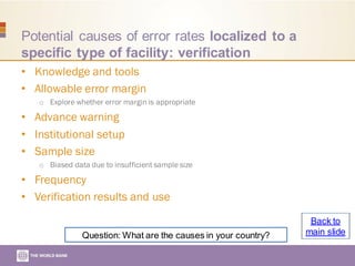 Potential causes of error rates localized to a
specific type of facility: verification
• Knowledge and tools
• Allowable error margin
o Explore whether error margin is appropriate
• Advance warning
• Institutional setup
• Sample size
o Biased data due to insufficient sample size
• Frequency
• Verification results and use
Question: What are the causes in your country?
Back to
main slide
 