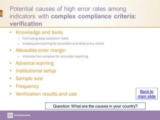 Potential causes of high error rates among
indicators with complex compliance criteria:
verification
• Knowledge and tools
o Confusing data collection tools
o Inadequate training for providers and data entry clerks
• Allowable error margin
o Indicator too complex for accurate reporting
• Advance warning
• Institutional setup
• Sample size
• Frequency
• Verification results and use
Question: What are the causes in your country?
Back to
main slide
 