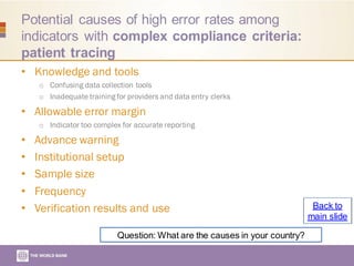 Potential causes of high error rates among
indicators with complex compliance criteria:
patient tracing
• Knowledge and tools
o Confusing data collection tools
o Inadequate training for providers and data entry clerks
• Allowable error margin
o Indicator too complex for accurate reporting
• Advance warning
• Institutional setup
• Sample size
• Frequency
• Verification results and use
Question: What are the causes in your country?
Back to
main slide
 