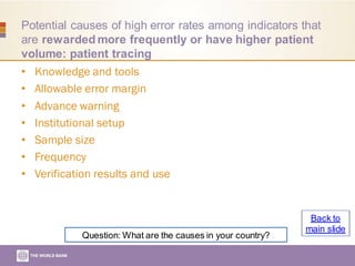 Potential causes of high error rates among indicators that
are rewarded more frequently or have higher patient
volume: patient tracing
• Knowledge and tools
• Allowable error margin
• Advance warning
• Institutional setup
• Sample size
• Frequency
• Verification results and use
Question: What are the causes in your country?
Back to
main slide
 