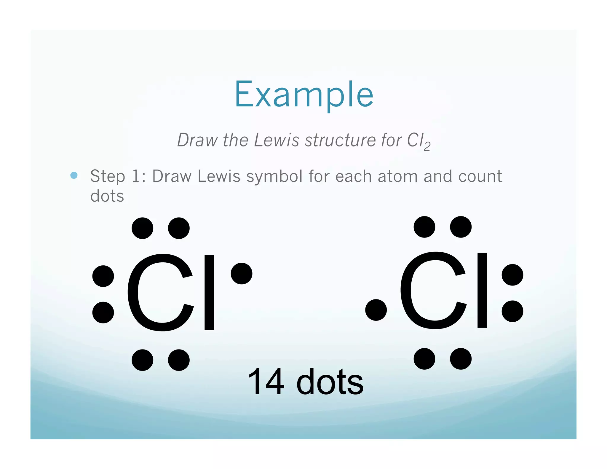 Example
            Draw the Lewis structure for Cl2
  Step 1: Draw Lewis symbol for each atom and count



         • •                             • • 
  dots




      Cl                               Cl
              • 


                                               • • 
• • 


                              • 
         • •         14 dots             • • 
 