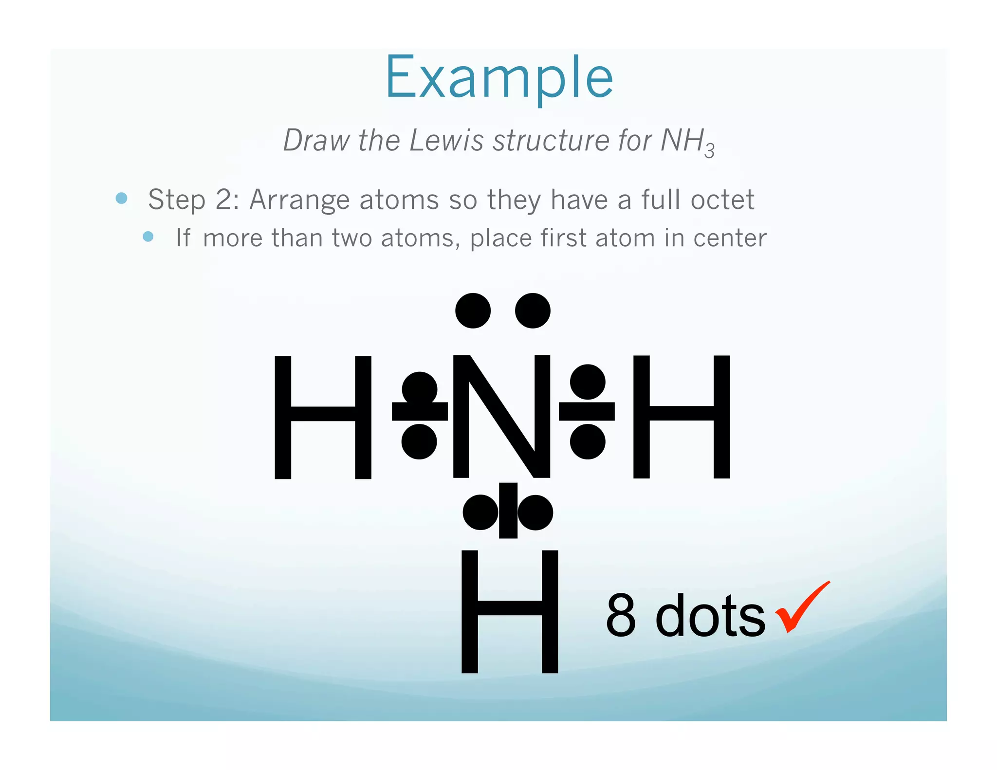 Example
             Draw the Lewis structure for NH3
  Step 2: Arrange atoms so they have a full octet
    If more than two atoms, place first atom in center



              • • 
            H-N-H • • 
                  • • 
              • 
                     - • 
                           H             8 dots
 