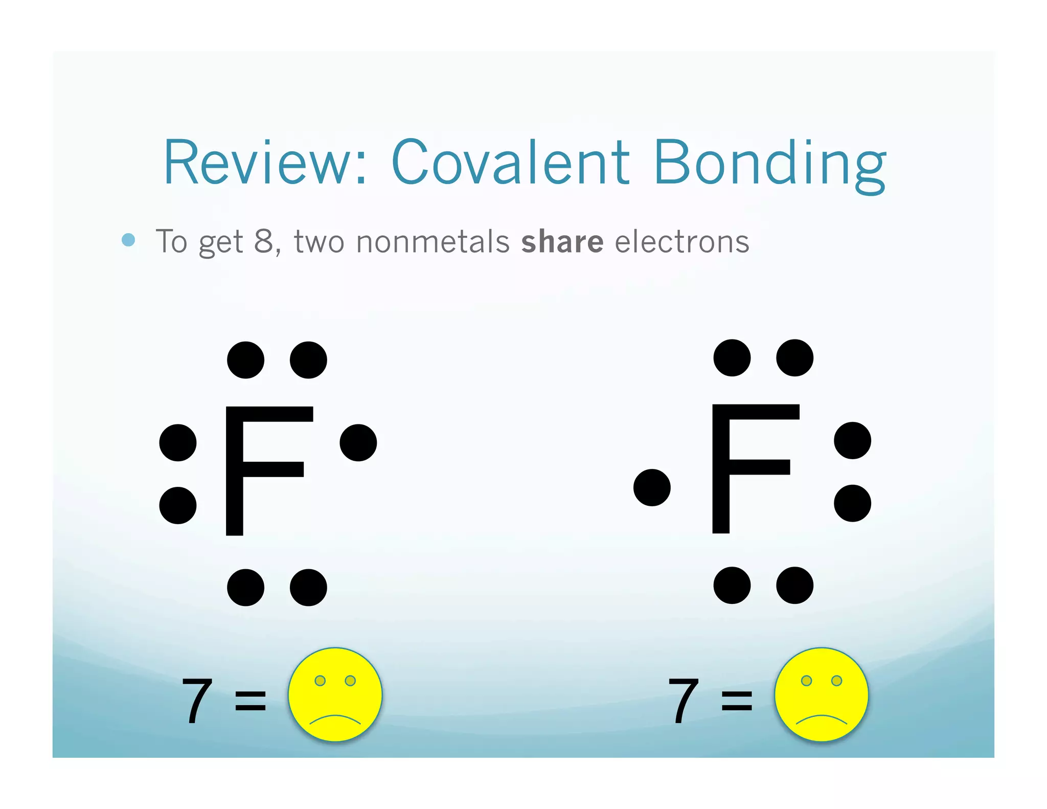 Review: Covalent Bonding
  To get 8, two nonmetals share electrons



      • •                              • • 
      F                               F
                             • • 
• • 
• 

      • •                     •        • • 
    7=                              7=
 