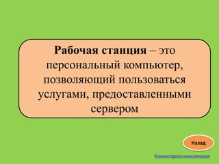Компьютерные коммуникации
Рабочая станция – это
персональный компьютер,
позволяющий пользоваться
услугами, предоставленными
сервером
 