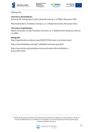Projekt „Model systemu wdrażania i upowszechniania kształcenia na odległość w uczeniu się przez całe życie”
Projekt współfinansowany ze środków Unii Europejskiej w ramach Europejskiego Funduszu Społecznego
Podstawy produkcji zwierzęcej
13
Bibliografia
Literatura obowiązkowa
Batowska W., Szlaszyńska Z. (red.), Hodowla zwierząt, t. I, PWRiL, Warszawa 1996.
Marciniak-Kulka E., Produkcja zwierzęca, cz. 1, Wydawnictwo Rea, Warszawa 2012.
Literatura uzupełniająca
Nałęcz-Tarwacka T. (red), Produkcja zwierzęca, cz. 1, Wydawnictwo Hortpress, Warsza-
wa 2006.
Netografia
http://agrodoradca.wordpress.com/2009/07/02/woda-w-zywieniu-krow/
http://www.dodatkipaszowe.pl/7-skladniki-mineralne-pasz.html
http://www.farmer.pl/produkcja-zwierzeca/trzoda-chlewna/bialko-w-
paszy,12051.html
 