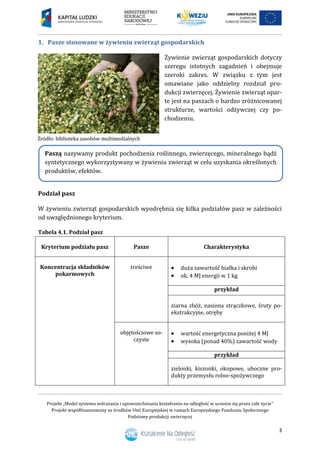 Projekt „Model systemu wdrażania i upowszechniania kształcenia na odległość w uczeniu się przez całe życie”
Projekt współfinansowany ze środków Unii Europejskiej w ramach Europejskiego Funduszu Społecznego
Podstawy produkcji zwierzęcej
3
1. Pasze stosowane w żywieniu zwierząt gospodarskich
Żywienie zwierząt gospodarskich dotyczy
szeregu istotnych zagadnień i obejmuje
szeroki zakres. W związku z tym jest
omawiane jako oddzielny rozdział pro-
dukcji zwierzęcej. Żywienie zwierząt opar-
te jest na paszach o bardzo zróżnicowanej
strukturze, wartości odżywczej czy po-
chodzeniu.
Podział pasz
W żywieniu zwierząt gospodarskich wyodrębnia się kilka podziałów pasz w zależności
od uwzględnionego kryterium.
Tabela 4.1. Podział pasz
Kryterium podziału pasz Pasze Charakterystyka
Koncentracja składników
pokarmowych
treściwe  duża zawartość białka i skrobi
 ok. 4 MJ energii w 1 kg
przykład
ziarna zbóż, nasiona strączkowe, śruty po-
ekstrakcyjne, otręby
objętościowe so-
czyste
 wartość energetyczna poniżej 4 MJ
 wysoka (ponad 40%) zawartość wody
przykład
zielonki, kiszonki, okopowe, uboczne pro-
dukty przemysłu rolno-spożywczego
Paszą nazywamy produkt pochodzenia roślinnego, zwierzęcego, mineralnego bądź
syntetycznego wykorzystywany w żywieniu zwierząt w celu uzyskania określonych
produktów, efektów.
 