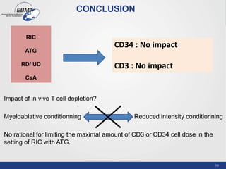 19
CONCLUSION
Impact of in vivo T cell depletion?
Myeloablative conditionning Reduced intensity conditionning
No rational for limiting the maximal amount of CD3 or CD34 cell dose in the
setting of RIC with ATG.
CD34 : No impact
CD3 : No impact
 