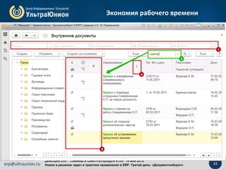 12erp@ultraunion.ru
Демо-дни ERP. Cеминар в Санкт-Петербурге и ЛО. 18 мая 2016
Новое в решении задач и практике применения в ERP. Третий день: «Документооборот»
Экономия рабочего времени
 