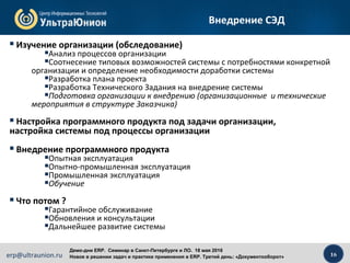 16erp@ultraunion.ru
Демо-дни ERP. Cеминар в Санкт-Петербурге и ЛО. 18 мая 2016
Новое в решении задач и практике применения в ERP. Третий день: «Документооборот»
Внедрение СЭД
 Изучение организации (обследование)
Анализ процессов организации
Соотнесение типовых возможностей системы с потребностями конкретной
организации и определение необходимости доработки системы
Разработка плана проекта
Разработка Технического Задания на внедрение системы
Подготовка организации к внедрению (организационные и технические
мероприятия в структуре Заказчика)
 Настройка программного продукта под задачи организации,
настройка системы под процессы организации
 Внедрение программного продукта
Опытная эксплуатация
Опытно-промышленная эксплуатация
Промышленная эксплуатация
Обучение
 Что потом ?
Гарантийное обслуживание
Обновления и консультации
Дальнейшее развитие системы
 