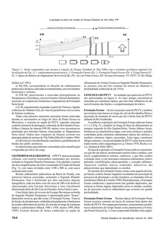 Revista Brasileira de Geociências, Volume 34, 2004
A geologia no plano de manejo do Parque Estadual de Vila Velha, PR*
564
PG
1 2 3 4 5
Segundo Planalto Paranaense Prim eiro P lanalto Paranaense
SW NE
BAm
800
600
400
20 40 60 km
VV
TI
ED
Figura 2 - Seção esquemática que mostra a relação do Parque Estadual de Vila Velha com a estrutura geológica regional (ver
localização na Fig. 1). 1: embasamento proterozóico; 2: Formação Furnas (D); 3: Formação Ponta Grossa (D); 4: Grupo Itararé (C-
P); 5: diques de diabásio do Magmatismo Serra Geral (K); PG: Arco de Ponta Grossa; ED: Escarpa Devoniana; VV: PEVV; TI: Rio Tibagi.
(Zalánetal. 1991):
a) NE-SW, correspondente às direções do embasamento
proterozóicodabacia,reativadasrecorrentemente,commovimentos
horizontais e verticais;
b) NW-SE, preexistentes e reativadas principalmente no
NeojurássicoeEocretáceo,commovimentosverticaisdominantes;
associam-se à ruptura do Gondwana e magmatismo da Formação
SerraGeral;
c) E-W, supostamente originadas a partir do Triássico, ligadas
à abertura do Atlântico Sul, em vista do paralelismo com as zonas
de fraturas oceânicas.
Todas estas direções estruturais principais foram reativadas
durante os movimentos ao longo do Arco de Ponta Grossa no
Mesozóico, e ocorrem na região do PEVV, impondo marcante
controle estrutural da drenagem, sobretudo do Rio Quebra Perna.
Falhas e fraturas do sistema NW-SE muitas vezes encontram-se
penetradas por intrusões básicas relacionadas ao Magmatismo
Serra Geral. Outros dois conjuntos de fraturas ocorrem nos
principaisplatôsdearenitosdeVilaVelha(Melo&Coimbra1996):
a) subverticais com distribuição concêntrica, paralelamente às
bordas dos platôs areníticos;
b) suborizontais parcialmente controladas pela estratificação
e originadas por alívio de carga.
GEOMORFOLOGIAREGIONAL OPEVVsitua-seemporção
colinosa, com morros testemunhos sustentados por arenitos,
incluída no Segundo Planalto Paranaense. Este planalto constitui
umdoscompartimentosdorelevoescalonadodoEstadodoParaná
(Fig. 3), com topos nivelados entre 1100 e 800 m, com suave
caimento para oeste.
Rochas sedimentares paleozóicas da Bacia do Paraná, com
intrusivas básicas associadas, sustentam o Segundo Planalto
Paranaense. Este é delimitado por dois marcantes degraus
topográficos, cada um deles com até cerca de 300 m de desnível,
representados pela Escarpa Devoniana a leste (localmente
denominada Serra de São Luís do Purunã) e Serra Geral a oeste.
Uma feição típica do reverso da Escarpa Devoniana na borda
do Segundo Planalto Paranaense é representada pelas “furnas”,
depressões erosivas que dão nome à Formação Furnas. Trata-se
defeiçõesdedesabamento,atribuídasprincipalmenteafenômenos
deerosãosubterrâneadoarenito,favorecidaaolongodeestruturas
rúpteis e sedimentares (Maack 1946 e 1956, Soares 1989, Melo
1999). Existem dezenas de furnas conhecidas na região de
afloramento do Arenito Furnas no Segundo Planalto Paranaense,
as maiores com até três centenas de metros de diâmetro e
profundidade conhecida de até 110 m.
GEOLOGIA DO PEVV As unidades que aparecem no PEVV
são apresentadas na figura 4. As mais antigas encontram-se
truncadas por estruturas rúpteis, que têm forte influência no de-
senvolvimento das feições e compartimentação do relevo.
Formação Furnas Ocorre na porção oeste do PEVV, e também
nos terrenos mais baixos ao longo do vale do Rio Quebra-Perna e
da porção de montante do arroio que faz o limite leste do PEVV,
afluente do Rio Guabiroba.
As melhores exposições da Formação Furnas estão nas furnas
n° 1 e 2 (Fig. 5), e também ao longo de faixa de afloramentos na
margem esquerda do Rio Quebra-Perna. Nestes últimos locais,
formam-se as características lapas, com tetos rochosos e paredes
controlados pelas estruturas sedimentares típicas dos arenitos, e
também estruturas rúpteis associadas. Estas lapas constituem
abrigosnaturais,enasproximidadesdoPEVVnelasforamencon-
trados muitos sítios arqueológicos (v.g. Chmyz 1976, Rocha et al.
s.d., Santana & Melo 2001).
Naáreadeexposição,aFormaçãoFurnasexibeascaracterísti-
cas que lhe são típicas: predominam arenitos finos a médios, com
níveis conglomeráticos restritos, caulínicos, o que lhes confere
coloração clara, e com marcantes estruturas sedimentares, princi-
palmente estratificações plano-paralelas e cruzadas tabulares.
Aparecem também marcas onduladas indicativas das
paleocorrentes que depositaram os arenitos.
Os arenitos da Formação Furnas, assim como aqueles do Gru-
po Itararé, exibem formas singulares resultantes da associação de
processos de dissolução e erosão mecânica, os chamados relevos
ruiniformes(Melo&Coimbra1996).Particularmente,aFormação
Furnas condiciona o aparecimento das grandes depressões, que
incluem as furnas, lagoas, depressões secas ou úmidas, resultan-
tes de processos erosivos subterrâneos que ocorrem em grande
profundidade.
Formação Ponta Grossa Rochas típicas da Formação Ponta
Grossa ocorrem somente em locais do extremo leste dentro dos
limitesdoPEVV.Nosmapaspreexistentes,erroneamenteconside-
rou-se diamictitos do Grupo Itararé como pertencentes à Forma-
ção Ponta Grossa (Fig. 1). Esta compreende folhelhos silto-argilo-
 