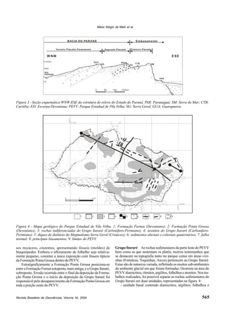 Revista Brasileira de Geociências, Volume 34, 2004
Mário Sérgio de Melo et al.
565
CTB
PAR
GUA
RIO
PARANÁ
W NW ESE
v
v
v
v v
v
v
v
v
vv
v
v
vv
v
v
0
800
1200m
BACIA DO PARANÁ Embasamento
Segundo Planalto Primeiro PlanaltoTerceiro Planalto Paranaense
+
+
+
+
+
+
+
+
+
+
+
+
+
+
+
0 50 100 150km
EDSG SM
PEVV
Figura 3 - Seção esquemática WNW-ESE da estrutura do relevo do Estado do Paraná. PAR: Paranaguá; SM: Serra do Mar; CTB:
Curitiba; ED: Escarpa Devoniana; PEVV: Parque Estadual de Vila Velha; SG: Serra Geral; GUA: Guarapuava.
Figura 4 - Mapa geológico do Parque Estadual de Vila Velha. 1: Formação Furnas (Devoniano); 2: Formação Ponta Grossa
(Devoniano); 3: rochas indiferenciadas do Grupo Itararé (Carbonífero-Permiano); 4: arenitos do Grupo Itararé (Carbonífero-
Permiano); 5: diques de diabásio do Magmatismo Serra Geral (Cretáceo); 6: sedimentos aluviais e coluviais quaternários; 7: falha
normal; 8: principais lineamentos; 9: limites do PEVV.
875
A
B
0 1 2 km
1 2 3 4 5 6 7 8 9
825
875
825
875
925
975
1050
875
850
950
825
800
900
900
800
1000
1000
Guabiroba
Rio
Arroio
da
Roca
Rio
Q
uebra-
Perna
B
A
596000
7212000
7206000
604000
sos micáceos, cinzentos, apresentando fósseis (moldes) de
braquiópodes. Embora o afloramento de folhelho seja relativa-
mente pequeno, constitui a única exposição com fósseis típicos
da Formação Ponta Grossa dentro do PEVV.
Estratigraficamente a Formação Ponta Grossa posiciona-se
entreaFormaçãoFurnassotoposta,maisantiga,eoGrupoItararé,
sobreposto. Erosão ocorrida entre o final da deposição da Forma-
ção Ponta Grossa e o início da deposição do Grupo Itararé foi
responsável pelo desaparecimento da Formação Ponta Grossa em
toda a porção oeste do PEVV.
Grupo Itararé As rochas sedimentares da parte leste do PEVV
bem como as que sustentam os platôs, morros testemunhos que
se destacam na topografia tanto no parque como em áreas vizi-
nhas (Fortaleza, Toquinhas, Arcos) pertencem ao Grupo Itararé.
Estas são de natureza variada, refletindo os muitos sub-ambientes
do ambiente glacial em que foram formadas. Ocorrem na área do
PEVVdiamictitos,ritmitos,argilitos,folhelhosearenitos.Nostra-
balhos realizados, foi possível separar as rochas sedimentares do
Grupo Itararé em duas unidades, representadas na figura 4:
- unidade basal contendo diamictitos, argilitos, folhelhos e
 