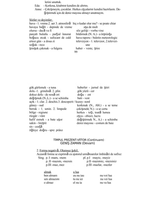 lerini unuttuk.
Eda: - Korkma, kitabımı kendim de alırım.
Anne: - Çekişmeyin, çocuklar. Herkes eşyalarını kendisi hazırlasın. De-
ğiştirmek için de deniz mayosu almayı unutmayın.
Sözler ve deyimler:
hava - 1. vreme.2. aer 3. atmosferă hiç o kadar olur mu? - se poate chiar
havaya bağlı - depinde de vreme
olursa - dacă va fi
parçalı bulutlu - parţial înnorat
boğucu sıcak - sufocant de cald
ertesi gün - a doua zi
soğuk - rece
şimşek çakmak - a fulgera
gök gürlemek - a tuna
dolu -1. grindină. 2. plin
dokuz defa - de nouă ori
değişmek (N.,L.) - a se schimba
aşa de mult
söz gelişi - vorba vine
bildirmek (N. A.) - a înştiinţa
hava raporu - buletin meteorologic
televizyon - 1. televizor, 2.televizi-
une
haber - veste, ştire
99
haberler - jurnal de ştiri
gök yüzü - cer
doğu - est
batı - vest
açık - 1. clar. 2. deschis.3. descoperit / kuzey- nord
güney - sud
berrak - 1. senin. 2. limpede
bölge - regiune
rüzgâr - vânt
hafif esmek - a bate uşor
sakin - liniştit
sis - ceaţă
öğleye doğru - spre prânz
korkmak (N., Abl.) - a se teme
çekişmek( N.) - a se certa
herkes - toţi, toată lumea
eşya - obiect, lucru
değiştirmek N., A.) - a schimba
deniz mayosu - costum de baie
TİMPUL PREZENT-VİİTOR (Continuare)
GENİŞ ZAMAN (Devam)
2. Forma negativă. Olumsuz şekil.
Această forma se exprimă cu ajutorul următoarelor îmbinări de sufixe:
Sing. p. I -mam, -mem pl. p.I -mayız, -meyiz
p. II -mazsın, -mezsin p.II -mazsınız, -mezsiniz
p.III -maz, mez p.III -mazlar, -mezler
almak a lua
ben almam eu nu iau nu voi lua
sen almazsın tu nu iei nu vei lua
o almaz el nu ia nu va lua
 