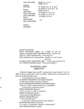 sizin yanınızda
onların
yanında
benim
yanımdan
senin yanından
onun yanından
bizim
yanımızdan
sizin yanınızdan
onların
yanından
Exemple în propoziţii:
“lângă voi, la voi”
“lângă ei, la ei”
“de lângă mine, de la mine”
“de lângă tine, de la tine” “de
lângă el, de la el”
“de lângă noi, de la noi”
“de lângă voi, de la voi”
“ de lângă ei, de la ei”
132
Bizim yanımızda mağaza var. “Lângă noi este un
magazin.” Kardeşim bizim yanımızda kalıyor. “Fratele meu
stă la noi.” Onun yanına gittik. “Ne-am dus la el.”
Sizin yanınıza yeni bir işçi gelecek.“Lângă voi va veni un mun-
citor nou.”
Kardeşim bizim yanımızdan gitti. “Fratele meu a plecat de la
noi.” Onların yanından geçtik. “Am trecut pe lângă ei.”
POSTPOZİ İA KARŞIŢ
KARŞI EDATI
Substantivul karşı “partea opus ”ă ca postpoziţie se poate traduce “vizavi, în
fa ”ţă şi stă în cazurile dativ, locativ sau ablativ. Substantivele sau pronumele care
preced această postpoziţie pot sta:
a) în cazul nominativ, când sunt abstracte.
Bu vaziyet karşısında ne diyeceğimi bilemedim.
“În faţa acestei situaţii n-am stiut ce să spun.”
Doktor hastalanma tehlikesi karşısında bulundu.
“Doctorul s-a aflat în faţa pericolului de a se îmbolnăvi.”
b) în cazul genitiv, când sunt concrete:
Otelin karşısında lokanta var.
“Vizavi de hotel se află un restaurant.”
İhtiyarın karşısına oturdum.
“M-am aşezat în faţa bătrânului.”
Okulun karşısından geçti.
“A trecut prin faţa şcolii.”
c) în cazul dativ, când are sensul de contra, împotriva:
Romatizmaya karşı ilâç aranıyor.
“Se caută un medicament împotriva reumatismului.”
Onlar istismara karşı savaştılar
 