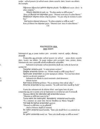 meşte sufixul posesiv şi sufixul unuia dintre cazurile: dativ, locativ sau ablativ.
De exemplu:
Öğretmen öğrencileri şehrin dışına çıkardı.:“Învăţătorul a scos elevii în
afara oraşului.”
Köyün dışında bir park var. “În afara satului se află un parc.”
Kısa yol Bursa’nın dışından geçer. “Drumul scurt trece în afara Bursei.”
Otobüsün dışına reklam afişi koydular. “Au pus afiş de reclama la auto-
buz.”
Mall şehrin dışında bulunuyor. “În afara oraşului se află un mall.”
Kısa yol Bursa’nın dışından geçer. “Drumul scurt trece în afara Bursei.”
134
POSTPOZİ İAŢ ARA
ARA EDATI
Substantivul ara se poate traduce prin cuvintele: interval, spaţiu, răstimp,
distanţă.
Postpoziţia ara primeşte sufixul posesiv şi sufixul unuia dintre cazurile
dativ, locativ sau ablativ. Se poate traduce prin cuvintele: între, printre, dintre.
Substantivele care o precedă suferă următoarele schimbări:
1. Substantivul primeşte sufixul pluralului dacă este vorba de lucruri de
acelaşi fel:
Yazarlar arasına girdi. “A intrat printre scriitori.”
Dağlar arasında nehirler var. “Printre munţi se află (curg) fluvii.”
Sporcular arasından en iyileri şampiyon oldular. “Cei mai buni dintre
sportivi au devenit campioni.”
2. Substantivele rămân în cazul nominativ când denumesc:
a) diferite lucruri.
Karı-koca arasına girilmez. “Nu se amesteca între soţ şi soţie.”
Ana-kız arasında her şey unutulur. “Se uită totul între mamă şi fiică.”
Foarte des substantivele de diferite feluri sunt legate între ele prin
conjuncţia ile care se poate scrie şi împreunat cu cuvântul pe care îl urmează.
Mamaya deniz ile (denizle) göl arasında bulunur.
“Mamaia se află între mare şi lac.”
Tuna nehri ile (nehriyle) Karadeniz arasına kanal kuruldu.
“S-a construit un canal între fluviul Dunărea şi Marea Neagră.”
Yol bağ ile bahçe arasından geçiyor.
“Drumul se află între vie şi grădină.”
b) când se folosesc după un numeral.
İki nehir arasına kanal kuruldu. “Între cele două fluvii s-a construit un
canal.”
İki şehir arasında motel var. “Între cele două oraşe se află un motel.”
 
