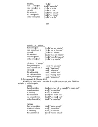 vermek
ben vermişim
sen vermişsin o
vermiş
biz vermişiz
siz vermişsiniz
onlar vermiş(ler)
sormak “a întreba”
ben sormuşum
sen sormuşsun o
sormuş
biz sormuşuz
siz sormuşsunuz
onlar sormuş(lar)
yürümek “a merge”
ben yürümüşüm
sen yürümüşsün o
yürümüş
biz yürümüşüz
siz yürümüşsünüz
onlar yürümüş(ler)
“a da”
(cică) “eu am dat”
(cică) “tu ai dat’
(cică) “el a dat”
(cică) “noi am dat”
(cică) “voi aţi dat”
(cică) “ei au dat”
139
(cică) “eu am întrebat”
(cică) “tu ai întrebat”
(cică) “el a întrebat”
(cică) “noi am întrebat”
(cică) “voi aţi întrebat”
(cică) “ei au întrebat”
(cică) “eu am mers”
(cică) “tu ai mers”
(cică) “el a mers”
(cică) “noi am mers”
(cică) “voi aţi mers”
(cică) “ei au mers”
2. Forma negativă. Olumsuz şekil.
Se redă prin intercalarea sufixelor de negaţie -ma sau -me între rădăcina
verbului şi sufixul timpului.
almak
ben almamışım (cică, se spune că, se pare că)“eu nu am luat”
sen almamışsın (cică) “tu nu ai luat”
o almamış (cică) “el nu a luat”
biz almamışız (cică) “noi nu am luat”
siz almamışsınız (cică) “voi nu aţi luat”
onlar almamış(lar) (cică) “ei nu au luat”
vermek
ben vermemişim (cică) “eu nu am dat”
sen vermemişsin (cică) “tu nu ai dat”
o vermemiş (cică) “el nu a dat”
biz vermemişiz (ciică) “noi nu am dat”
 