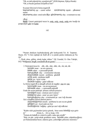 “Oh, ne tatlı pişmiş köy yemekleriydi!” (H.R.Gürpınar, Eşkiya İninde)
“Oh, ce bucate gustoase de ţară au fost!”
Se poate folosi şi în forma negativă:
kaynamamış çay - ceaiul nefiert sürülmemiş toprak - pământul
nearat
okumamış adam -omul neînvăţat görülmemiş olay - eveniment ne mai
văzut
Notă: Uneori participiul trecut în -mış, -miş, -muş, -müş este însoţit de
postpoziţiile gibi sau kadar.
145
“Nuranı ebediyen kaybedecekmiş gibi korkuyordu.”(A. H. Tanpınar,
Huzur, 43) “A fost copleşit de frică că o va pierde pentru totdeauna pe Nu-
ran.”
“- Eksik olma, gülüm, almış kadar oldum.” (M. Esendal, Ev Ona Yakıştı,
192) “Mulţumesc dragă, consideră că am gustat.”
2. Participiul trecut în -dık, -dik, -duk, -dük; -tık, -tik, tuk, tük
tanıdık insan - un om cunoscut
bildik adam - o persoană ştiută
konuşulduk olay - evenimentul discutat
düşünüldük mesele - problema gândită
yırtık perde - perdeaua ruptă
gittik yer - locul vizitat
övüttük buğday - grâul măcinat
La forma negativă se adaugă sufixele de negaţie: -ma sau -me
tanımadık insan - un om necunoscut
bilmedik adam - o persoană neştiută
Unele din aceste participii primesc sufixele posesive:
tanıdığım insan - omul pe care-l cunosc”
bildiğimiz adam - omul pe care-l ştim”
konuştuğunuz olay - evenimentul pe care l-aţi discutat
Aici a dispărut sufixul diatezei pasive:
düşündüğümüz mesele - problema la care ne-am gândit
gittiğim yer - locul unde am fost
övüttüğünüz buğday - grâul pe care l-aţi măcinat
“Kadın vakit geçirmeden içeriye girerek, biraz sonra istediği suyu getir-
di.” (Emin A., Ali ve Ayşe, 118)
“Femeia de îndată ce a intrat în casă, a adus apa cerută.”
“Beş, on gün çarşı-sokak gezdikten sonra, tanıdık çehre, alışabileceğimiz
yer bulamamaktan bezer, odanıza girer, yalnızlığın çehresine sinersiniz.”
 