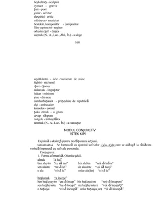 heykeltraş - sculptor
oymacı - gravor
şair - poet
yazar - scriitor
eleştirici - critic
müzisyen - muzician
bestekâr, kompozitör - compozitor
film yapımcısı - regizor
orkestra şefi - dirijor
seçmek (N., A., Loc., Abl., İn.) - a alege
160
saydıklarım - cele enumerate de mine
hiçbiri - nici unul
işsiz - şomer
dalkavuk - linguşitor
bakan - ministru
yine - din nou
cumhurbaşkanı - preşedinte de republică
elçi - ambasador
konsolos - consul
şaka etmek - a glumi
cevap - răspuns
rastgele - întâmplător
tanımak (N., A., Loc., İn.) - a cunoaşte
MODUL CONJUNCTİV
İSTEK KİPİ
Exprimă o dorinţă pentru desf şă urarea acţiunii.
kkkkkkkkkkkk Se formează cu ajutorul sufixelor -(y)a, -(y)e care se adăugă la rădăcina
verbală împreună cu sufixele personale.
Conjugarea:
1. Forma afirmativă. Olumlu şekil.
almak “a lua”
ben alayım “eu să iau” biz alalım “noi să luăm”
sen alasın “tu să iei” siz alasınız “voi să luaţi”
o ala “el să ia” onlar ala(lar) “ei să ia”
başlamak “a începe”
ben başlayayım “eu să încep” biz başlayalım “noi să începem”
sen başlayasın “tu să începi” siz başlayasınız “voi să începeţi”
o başlaya “el să înceap ”ă onlar başlaya(lar) “ei să înceap ”ă
 