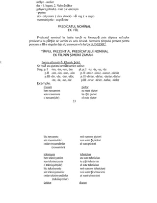 atölye - atelier
dar - 1. îngust; 2. Neîncăpător
geliyor (gelmek) - vine ( a veni) için
- pentru
rica ediyorum ( rica etmek)- vă rog ( a ruga)
memnuniyetle - cu plăcere
PREDİCATUL NOMİNAL
EK FİİL
Predicatul nominal în limba turcă se formează prin alipirea sufixelor
predicative la părţile de vorbire cu sens lexical. Formarea timpului prezent pentru
persoana a III-a singular deja aţi cunoscut-o la lecţia BU NEDİR?
TİMPUL PREZENT AL PREDİCATULUİ NOMİNAL
EK FİİLİNİN ŞİMDİKİ ZAMANI
1. Forma afirmativă. Olumlu şekil.
Se redă cu ajutorul următoarelor sufixe:
Sing. p. I -ım, -im, -um, üm pl. p..I -ız, -iz, -uz, -üz
p.II -sın, -sin, -sun, -sün p..II -sınız, -siniz, -sunuz, -sünüz
p.III -dır, -dir, -dur, -dür; p.III -dırlar, -dirler, -durlar,-dürler
-tır, -tir, -tur, -tür p.III -tırlar, -tirler, -turlar, -türler
Exemple:
ressam pictor
ben ressamım eu sunt pictor
sen ressamsın tu eşti pictor
o ressam(dır) el este pictor
33
biz ressamız noi suntem pictori
siz ressamsınız voi sunteţi pictori
onlar ressamdırlar ei sunt pictori
(ressamlar)
teknisyen tehnician
ben teknisyenim eu sunt tehnician
sen teknisyensin tu eşti tehnician
o teknisyen(dir) el este tehnician
biz teknisyeniz noi suntem tehnicieni
siz teknisyensiniz voi sunteţi tehnicieni
onlar teknisyendirler ei sunt tehnicieni
(teknisyenler)
doktor doctor
 