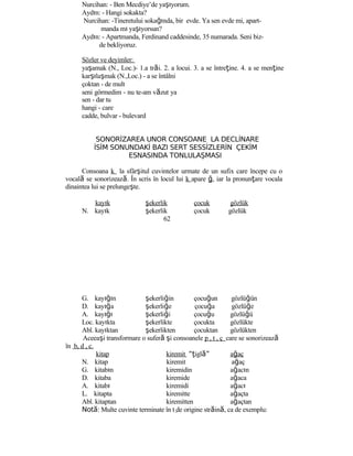 Nurcihan: - Ben Mecdiye’de yaşıyorum.
Aydın: - Hangi sokakta?
Nurcihan: -Tineretului sokağında, bir evde. Ya sen evde mi, apart-
manda mı yaşıyorsun?
Aydın: - Apartmanda, Ferdinand caddesinde, 35 numarada. Seni biz-
de bekliyoruz.
Sözler ve deyimler:
yaşamak (N., Loc.)- 1.a trăi. 2. a locui. 3. a se întreţine. 4. a se menţine
karşılaşmak (N.,Loc.) - a se întâlni
çoktan - de mult
seni görmedim - nu te-am văzut ya
sen - dar tu
hangi - care
cadde, bulvar - bulevard
SONORİZAREA UNOR CONSOANE LA DECLİNARE
İSİM SONUNDAKİ BAZI SERT SESSİZLERİN ÇEKİM
ESNASINDA TONLULAŞMASI
Consoana k la sfârşitul cuvintelor urmate de un sufix care începe cu o
vocală se sonorizează. În scris în locul lui k apare ğ, iar la pronunţare vocala
dinaintea lui se prelungeşte.
kayık şekerlik çocuk gözlük
N. kayık şekerlik çocuk gözlük
62
G. kayığın şekerliğin çocuğun gözlüğün
D. kayığa şekerliğe çocuğa gözlüğe
A. kayığı şekerliği çocuğu gözlüğü
Loc. kayıkta şekerlikte çocukta gözlükte
Abl. kayıktan şekerlikten çocuktan gözlükten
Aceeaşi transformare o suferă şi consoanele p , t , ç care se sonorizează
în b, d , c.
kitap kiremit “ţigl ”ă ağaç
N. kitap kiremit ağaç
G. kitabın kiremidin ağacın
D. kitaba kiremide ağaca
A. kitabı kiremidi ağacı
L. kitapta kiremitte ağaçta
Abl. kitaptan kiremitten ağaçtan
Notă: Multe cuvinte terminate în t de origine străină, ca de exemplu:
 