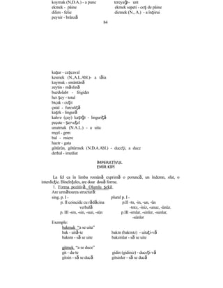 koymak (N,D.A.) - a pune tereyağı- unt
ekmek - pâine ekmek sepeti - coş de pâine
dilim - felie dizmek (N., A.) - a înşirui
peynir - brânză
84
kaşar - caşcaval
kesmek (N.,A.L.Abl.)- a tăia
kaymak - smântână
zeytin - măslină
buzdolabı - frigider
her şey - totul
bıçak - cuţit
çatal - furculiţă
kaşık - lingură
kahve (çay) kaşığı - linguriţă
peçete - şerveţel
unutmak (N.A.L.) - a uita
reçel - gem
bal - miere
hazır - gata
götürün, götürmek (N.D.A.Abl.) - duceţi, a duce
derhal - imediat
İMPERATİVUL
EMİR KİPİ
La fel ca în limba română exprimă o poruncă, un îndemn, sfat, o
interdicţie. Bineînţeles, are doar două forme.
1. Forma pozitivă. Olumlu şekil
Are următoarea structură:
sing. p. I - plural p. I -
p. II coincide cu rădăcina p.II -ın, -in, -un, -ün
verbală -ınız, -iniz, -unuz, -ünüz.
p. III -sın, -sin, -sun, -sün p.III -sınlar, -sinler, -sunlar,
-sünler
Exemple:
bakmak “a se uita”
bak - uită-te bakın (bakınız) - uitaţi-vă
baksın - să se uite baksınlar - să se uite
gitmek “a se duce”
git - du-te gidin (gidiniz) - duceţi-vă
gitsin - să se ducă gitsinler - să se ducă
 
