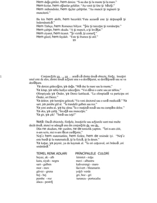 Hem dağa gittiler, hem denize. “S-au dus şi la munte şi la mare.”
Hem kızlar, hem oğlanlar geldiler. “Au venit şi fete şi băieţi.”
Hem mühendisler, hem işçiler çalıştılar. “Au muncit şi inginerii şi
muncitorii.”
Bu kız hem akıllı, hem becerikli.“Fata această este şi deşteaptă şi
îndemânatică.”
Hem Türkçe, hem Romence biliyor. “Ştie şi turceşte şi româneşte.”
Hem çalıştı, hem okudu. “A şi muncit, a şi învăţat.”
Hem ziyaret, hem ticaret. “Şi vizită, şi comerţ.”
Hem güzel, hem faydalı. “Este şi frumos şi util.”
89
2. Conjuncţiile ya …, ya … arată că dintre două obiecte, fiinţe, însuşiri
unul este de ales, dintre două acţiuni una s-a desf şă urat, se desf şă oară sau se va
desf şă ura.
Ya denize gideceğim, ya dağa. “Mă duc la mare sau la munte,”
Ya kitap, ya tablo hediye edeceğim. “Voi dărui o carte sau un tablou.”
Olimpiyada ya Önder, ya Deniz katılacak. “La olimpiadă va participa ori
Önder, ori Deniz.”
Ya doktor, ya hemşire gelecek.“Va veni doctorul sau o soră medicală.” Ya
sarı, ya pembe gül al. “İa trandafir galben sau roz.”
Ya yeni araba al, ya hiç alma.“İa o maşină nouă sau nu cumpăra deloc.”
Ya oku, ya çalış. “Învaţă sau munceşte.”
Ya gir, ya çık! “İntră sau ieşi!”
Not :ă Dacă obiectele, fiinţele, însuşirile sau acţiunile sunt mai multe
decât două, atunci se adaugă una din conjunţiile da sau de.
Dün ne okudum, ne yazdım, ne de temizlik yaptım. “İeri n-am citit,
n-am scris, nici n-am făcut curăţenie,”
Neş’e hem matematikte, hem fizikte, hem de resimde iyi. “Neş’e
este bună şi la matematică, şi la fizică, şi la desen.”
Ya kaşar, ya peynir, ya da kaymak al. “İa ori caşcaval, ori brânză ,ori
smântână.”
TEMEL RENK ADLARI PRİNCİPALELE CULORİ
beyaz, ak - alb kırmızı - roşu
kara, siyah - negru mavi - albastru
sarı - galben kahverengi - maro
mor - mov lâcivert - bleumarin
güvez - grena yeşil- verde
bej - bej gri, boz - gri
pembe - roz turuncu - portocaliu
alaca - pestriţ
 