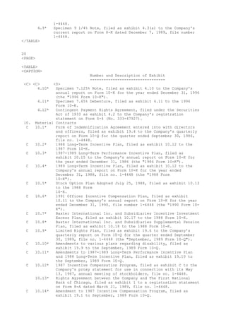 1-4448.
4.9* Specimen 9 1/4% Note, filed as exhibit 4.3(a) to the Company's
current report on Form 8-K dated December 7, 1989, file number
1-4448.
</TABLE>
20
<PAGE>
<TABLE>
<CAPTION>
Number and Description of Exhibit
---------------------------------
<C> <C> <S>
4.10* Specimen 7.125% Note, filed as exhibit 4.10 to the Company's
annual report on Form 10-K for the year ended December 31, 1996
(the "1996 Form 10-K").
4.11* Specimen 7.65% Debenture, filed as exhibit 4.11 to the 1996
Form 10-K.
4.12* Contingent Payment Rights Agreement, filed under the Securities
Act of 1933 as exhibit 4.2 to the Company's registration
statement on Form S-4 (No. 333-47927).
10. Material Contracts
C 10.1* Form of Indemnification Agreement entered into with directors
and officers, filed as exhibit 19.4 to the Company's quarterly
report on Form 10-Q for the quarter ended September 30, 1986,
file no. 1-4448.
C 10.2* 1988 Long-Term Incentive Plan, filed as exhibit 10.12 to the
1987 Form 10-K.
C 10.3* 1987-1989 Long-Term Performance Incentive Plan, filed as
exhibit 10.15 to the Company's annual report on Form 10-K for
the year ended December 31, 1986 (the "1986 Form 10-K").
C 10.4* 1989 Long-Term Incentive Plan, filed as exhibit 10.12 to the
Company's annual report on Form 10-K for the year ended
December 31, 1988, file no. 1-4448 (the "1988 Form
10-K").
C 10.5* Stock Option Plan Adopted July 25, 1988, filed as exhibit 10.13
to the 1988 Form
10-K.
C 10.6* 1991 Officer Incentive Compensation Plan, filed as exhibit
10.11 to the Company's annual report on Form 10-K for the year
ended December 31, 1990, file number 1-4448 (the "1990 Form 10-
K").
C 10.7* Baxter International Inc. and Subsidiaries Incentive Investment
Excess Plan, filed as exhibit 10.17 to the 1988 Form 10-K.
C 10.8* Baxter International Inc. and Subsidiaries Supplemental Pension
Plan, filed as exhibit 10.18 to the 1988 Form 10-K.
C 10.9* Limited Rights Plan, filed as exhibit 19.6 to the Company's
quarterly report on Form 10-Q for the quarter ended September
30, 1989, file no. 1-4448 (the "September, 1989 Form 10-Q").
C 10.10* Amendments to various plans regarding disability, filed as
exhibit 19.9 to the September, 1989 Form 10-Q.
C 10.11* Amendments to 1987-1989 Long-Term Performance Incentive Plan
and 1988 Long-Term Incentive Plan, filed as exhibit 19.10 to
the September, 1989 Form 10-Q.
C 10.12* 1987 Incentive Compensation Program, filed as exhibit C to the
Company's proxy statement for use in connection with its May
13, 1987, annual meeting of stockholders, file no. 1-4448.
10.13* Rights Agreement between the Company and The First National
Bank of Chicago, filed as exhibit 1 to a registration statement
on Form 8-A dated March 21, 1989, file no. 1-4448.
C 10.14* Amendment to 1987 Incentive Compensation Program, filed as
exhibit 19.1 to September, 1989 Form 10-Q.
 