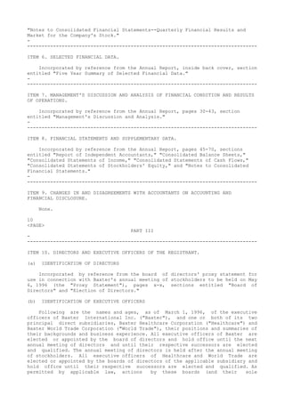 "Notes to Consolidated Financial Statements--Quarterly Financial Results and
Market for the Company's Stock."
-
--------------------------------------------------------------------------------
ITEM 6. SELECTED FINANCIAL DATA.
Incorporated by reference from the Annual Report, inside back cover, section
entitled "Five Year Summary of Selected Financial Data."
-
--------------------------------------------------------------------------------
ITEM 7. MANAGEMENT'S DISCUSSION AND ANALYSIS OF FINANCIAL CONDITION AND RESULTS
OF OPERATIONS.
Incorporated by reference from the Annual Report, pages 30-43, section
entitled "Management's Discussion and Analysis."
-
--------------------------------------------------------------------------------
ITEM 8. FINANCIAL STATEMENTS AND SUPPLEMENTARY DATA.
Incorporated by reference from the Annual Report, pages 45-70, sections
entitled "Report of Independent Accountants," "Consolidated Balance Sheets,"
"Consolidated Statements of Income," "Consolidated Statements of Cash Flows,"
"Consolidated Statements of Stockholders' Equity," and "Notes to Consolidated
Financial Statements."
-
--------------------------------------------------------------------------------
ITEM 9. CHANGES IN AND DISAGREEMENTS WITH ACCOUNTANTS ON ACCOUNTING AND
FINANCIAL DISCLOSURE.
None.
10
<PAGE>
PART III
-
--------------------------------------------------------------------------------
ITEM 10. DIRECTORS AND EXECUTIVE OFFICERS OF THE REGISTRANT.
(a) IDENTIFICATION OF DIRECTORS
Incorporated by reference from the board of directors' proxy statement for
use in connection with Baxter's annual meeting of stockholders to be held on May
6, 1996 (the "Proxy Statement"), pages x-x, sections entitled "Board of
Directors" and "Election of Directors."
(b) IDENTIFICATION OF EXECUTIVE OFFICERS
Following are the names and ages, as of March 1, 1996, of the executive
officers of Baxter International Inc. ("Baxter"), and one or both of its two
principal direct subsidiaries, Baxter Healthcare Corporation ("Healthcare") and
Baxter World Trade Corporation ("World Trade"), their positions and summaries of
their backgrounds and business experience. All executive officers of Baxter are
elected or appointed by the board of directors and hold office until the next
annual meeting of directors and until their respective successors are elected
and qualified. The annual meeting of directors is held after the annual meeting
of stockholders. All executive officers of Healthcare and World Trade are
elected or appointed by the boards of directors of the applicable subsidiary and
hold office until their respective successors are elected and qualified. As
permitted by applicable law, actions by these boards (and their sole
 