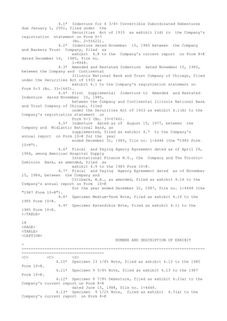 4.1* Indenture for 4 3/4% Convertible Subordinated Debentures
due January 1, 2001, filed under the
Securities Act of 1933 as exhibit 2(d) to the Company's
registration statement on Form S-7
(No. 2-55622).
4.2* Indenture dated November 15, 1985 between the Company
and Bankers Trust Company, filed as
exhibit 4.8 to the Company's current report on Form 8-K
dated December 16, 1985, file no.
1-4448.
4.3* Amended and Restated Indenture dated November 15, 1985,
between the Company and Continental
Illinois National Bank and Trust Company of Chicago, filed
under the Securities Act of 1933 as
exhibit 4.1 to the Company's registration statement on
Form S-3 (No. 33-1665).
4.4* First Supplemental Indenture to Amended and Restated
Indenture dated November 15, 1985,
between the Company and Continental Illinois National Bank
and Trust Company of Chicago, filed
under the Securities Act of 1933 as exhibit 4.1(A) to the
Company's registration statement on
Form S-3 (No. 33-6746).
4.5* Indenture dated as of August 15, 1977, between the
Company and Midlantic National Bank, as
supplemented, filed as exhibit 4.7 to the Company's
annual report on Form 10-K for the year
ended December 31, 1985, file no. 1-4448 (the "1985 Form
10-K").
4.6* Fiscal and Paying Agency Agreement dated as of April 26,
1984, among American Hospital Supply
International Finance N.V., the Company and The Toronto-
Dominion Bank, as amended, filed as
exhibit 4.9 to the 1985 Form 10-K.
4.7* Fiscal and Paying Agency Agreement dated as of November
15, 1984, between the Company and
Citibank, N.A., as amended, filed as exhibit 4.16 to the
Company's annual report on Form 10-K
for the year ended December 31, 1987, file no. 1-4448 (the
"1987 Form 10-K").
4.8* Specimen Medium-Term Note, filed as exhibit 4.10 to the
1985 Form 10-K.
4.9* Specimen Extendible Note, filed as exhibit 4.11 to the
1985 Form 10-K.
</TABLE>
18
<PAGE>
<TABLE>
<CAPTION>
NUMBER AND DESCRIPTION OF EXHIBIT
-
--------------------------------------------------------------------------------
------------------------------------
<C> <C> <S>
4.10* Specimen 13 1/8% Note, filed as exhibit 4.12 to the 1985
Form 10-K.
4.11* Specimen 9 5/8% Note, filed as exhibit 4.13 to the 1987
Form 10-K.
4.12* Specimen 8 7/8% Debenture, filed as exhibit 4.2(a) to the
Company's current report on Form 8-K
dated June 15, 1988, file no. 1-4448.
4.13* Specimen 9 1/2% Note, filed as exhibit 4.3(a) to the
Company's current report on Form 8-K
 