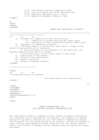 10.33 1996 Officer Incentive Compensation Plan.
10.34 1995 Stock Option Plan Terms and Conditions.
10.35 Separation Agreement: Tony L. White.
10.36 Separation Agreement: Manuel A. Baez
</TABLE>
20
<PAGE>
<TABLE>
<CAPTION>
NUMBER AND DESCRIPTION OF EXHIBIT
-
--------------------------------------------------------------------------------
------------------------------------
<C> <C> <S>
11. Statement re: computation of per share earnings.
11.1 Computation of primary earnings per common share.
11.2 Computation of fully diluted earnings per common share.
12. Statements re: computation of ratios.
13. 1995 Annual Report to Stockholders (such report, except to the
extent incorporated herein by reference,
is being furnished for the information of the Securities and
Exchange Commission only and is not deemed
to be filed as part of this annual report on Form 10-K).
21. Subsidiaries of the Company.
23. Consent of Price Waterhouse.
24. Powers of Attorney.
27. Financial Statement Schedule.
</TABLE>
- ------------------------
<TABLE>
<C> <C> <S>
* Incorporated herein by reference.
(All other exhibits are inapplicable.)
</TABLE>
21
</TEXT>
</DOCUMENT>
<DOCUMENT>
<TYPE>EX-10.33
<SEQUENCE>2
<DESCRIPTION>EXHIBIT 10.33
<TEXT>
<PAGE>
BAXTER INTERNATIONAL INC.
1996 OFFICER INCENTIVE COMPENSATION PLAN
This 1996 Officer Incentive Compensation Plan ("Plan") of Baxter International
Inc. ("Baxter") and its subsidiaries (collectively, the "Company") is adopted
pursuant to the Baxter International Inc. 1987 Incentive Compensation Program
(the "Program") for the purposes stated in the Program. The Plan is intended to
comply with the requirements of Section 162(m)(4)(C) of the Internal Revenue
Code of 1986 ("IRC"), as amended, and the related income tax regulations issued
thereunder.
 