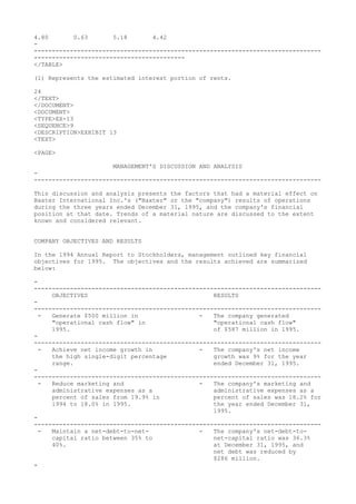 4.80 0.63 5.18 4.42
-
--------------------------------------------------------------------------------
------------------------------------------
</TABLE>
(1) Represents the estimated interest portion of rents.
24
</TEXT>
</DOCUMENT>
<DOCUMENT>
<TYPE>EX-13
<SEQUENCE>9
<DESCRIPTION>EXHIBIT 13
<TEXT>
<PAGE>
MANAGEMENT'S DISCUSSION AND ANALYSIS
-
--------------------------------------------------------------------------------
This discussion and analysis presents the factors that had a material effect on
Baxter International Inc.'s ("Baxter" or the "company") results of operations
during the three years ended December 31, 1995, and the company's financial
position at that date. Trends of a material nature are discussed to the extent
known and considered relevant.
COMPANY OBJECTIVES AND RESULTS
In the 1994 Annual Report to Stockholders, management outlined key financial
objectives for 1995. The objectives and the results achieved are summarized
below:
-
--------------------------------------------------------------------------------
OBJECTIVES RESULTS
-
--------------------------------------------------------------------------------
- Generate $500 million in - The company generated
"operational cash flow" in "operational cash flow"
1995. of $587 million in 1995.
-
--------------------------------------------------------------------------------
- Achieve net income growth in - The company's net income
the high single-digit percentage growth was 9% for the year
range. ended December 31, 1995.
-
--------------------------------------------------------------------------------
- Reduce marketing and - The company's marketing and
administrative expenses as a administrative expenses as a
percent of sales from 19.9% in percent of sales was 18.2% for
1994 to 18.0% in 1995. the year ended December 31,
1995.
-
--------------------------------------------------------------------------------
- Maintain a net-debt-to-net- - The company's net-debt-to-
capital ratio between 35% to net-capital ratio was 36.3%
40%. at December 31, 1995, and
net debt was reduced by
$286 million.
-
 